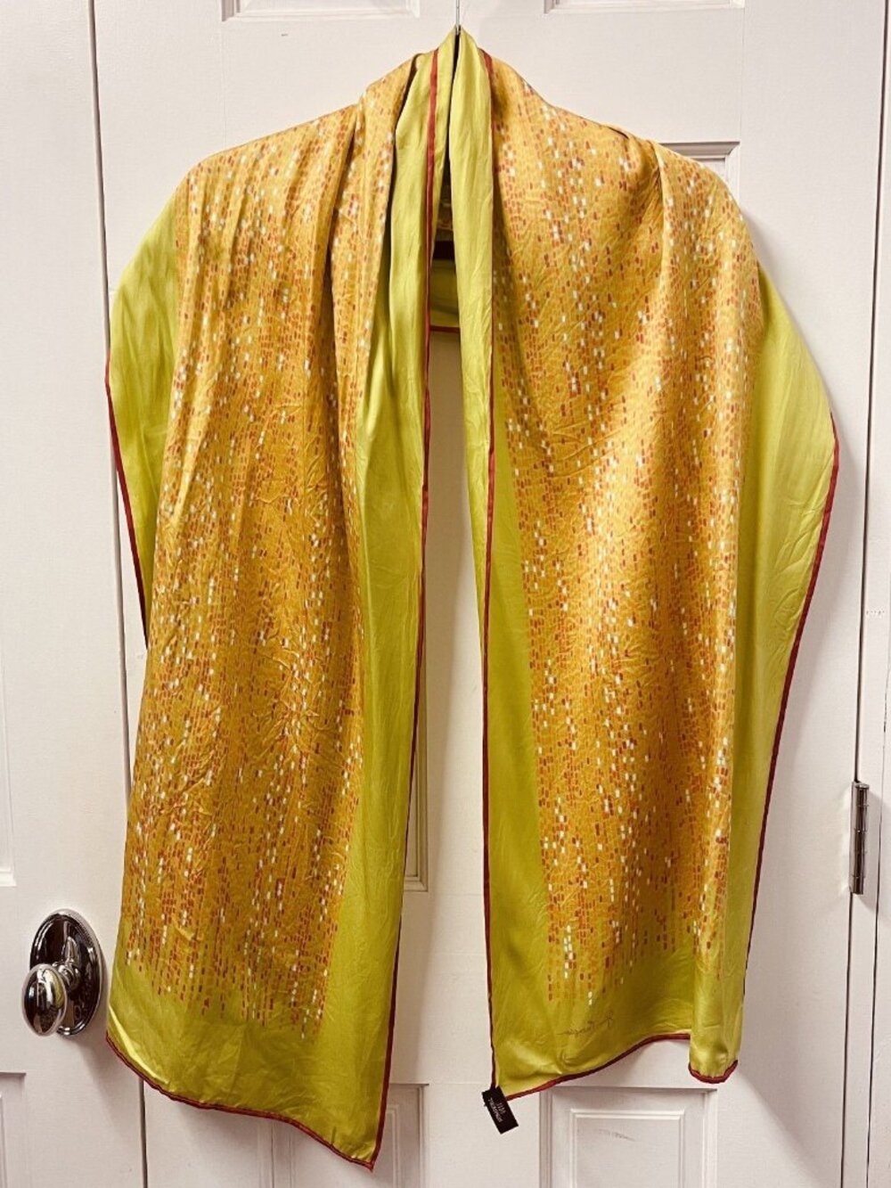 Jim Thompson 100% Thai Silk Scarf Chartreuse Green Red Geometric 16" x 70"